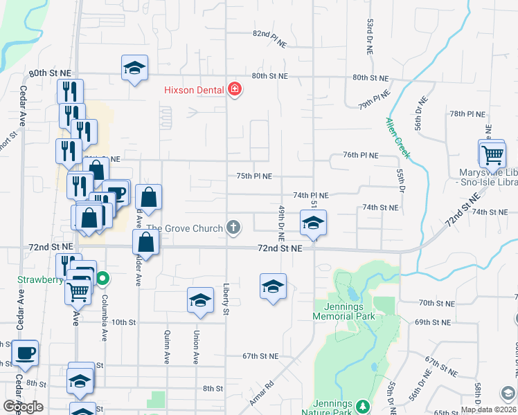 map of restaurants, bars, coffee shops, grocery stores, and more near 4815 73rd Place Northeast in Marysville