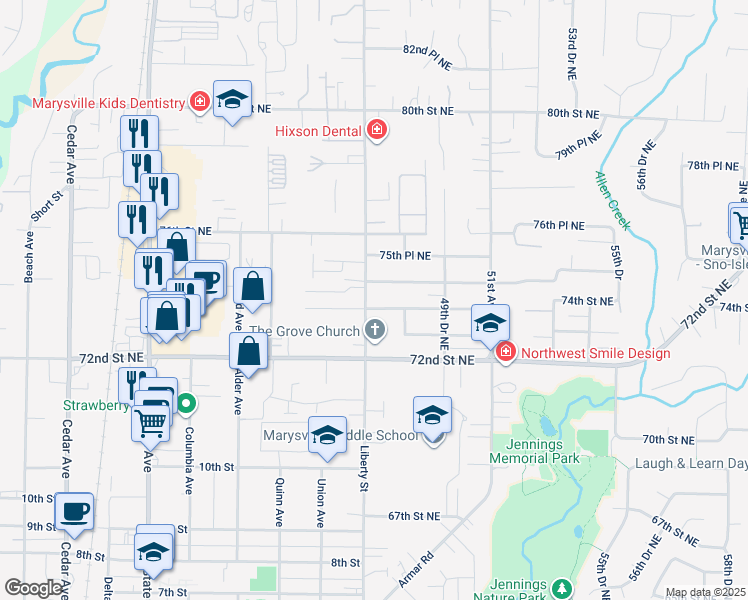 map of restaurants, bars, coffee shops, grocery stores, and more near 7329 47th Avenue Northeast in Marysville