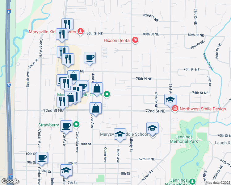 map of restaurants, bars, coffee shops, grocery stores, and more near 7321 44th Avenue Northeast in Marysville