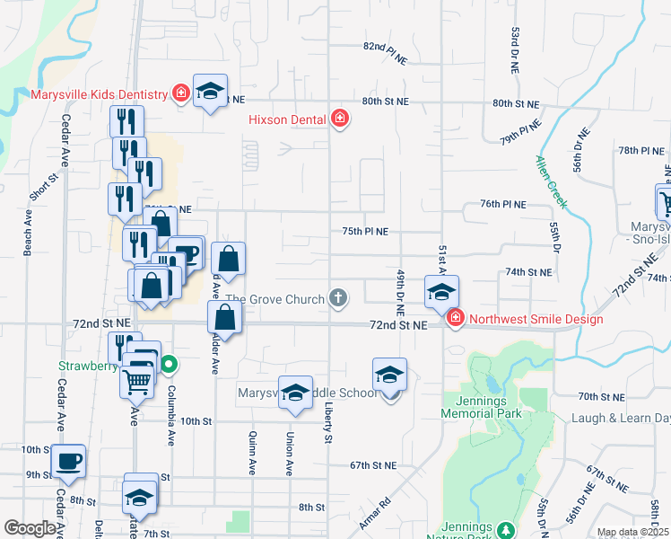 map of restaurants, bars, coffee shops, grocery stores, and more near 7329 47th Avenue Northeast in Marysville