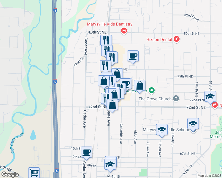 map of restaurants, bars, coffee shops, grocery stores, and more near 1234 40th Avenue Northeast in Marysville