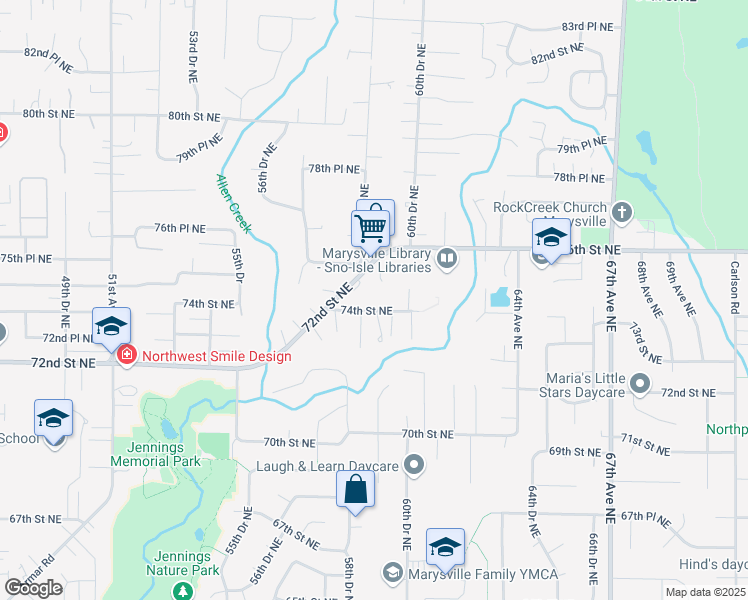 map of restaurants, bars, coffee shops, grocery stores, and more near 5915 74th Street Northeast in Marysville