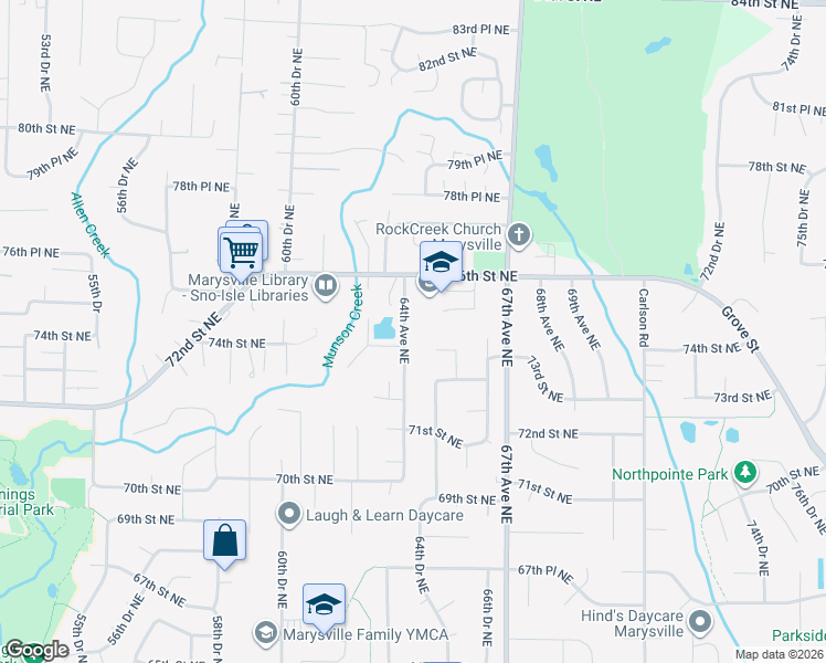 map of restaurants, bars, coffee shops, grocery stores, and more near 7411 64th Avenue Northeast in Marysville