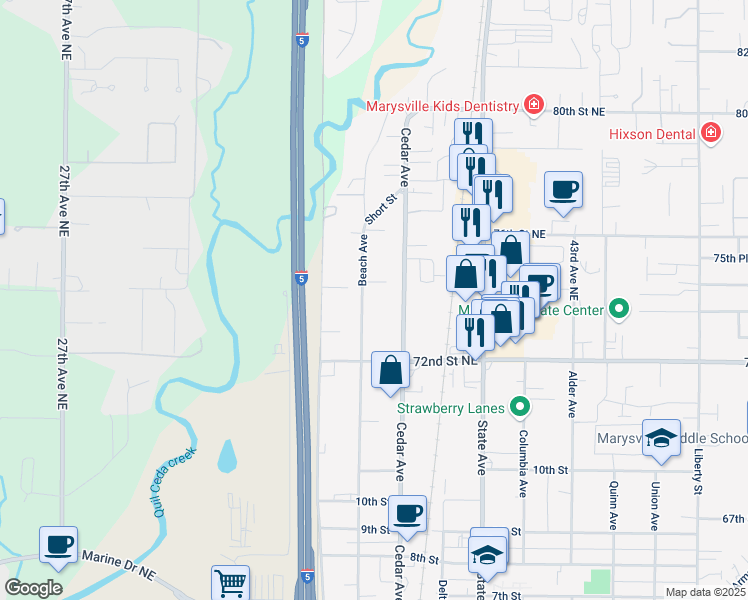 map of restaurants, bars, coffee shops, grocery stores, and more near 1249 Cedar Avenue in Marysville