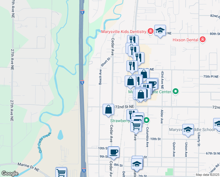 map of restaurants, bars, coffee shops, grocery stores, and more near 1249 Cedar Avenue in Marysville