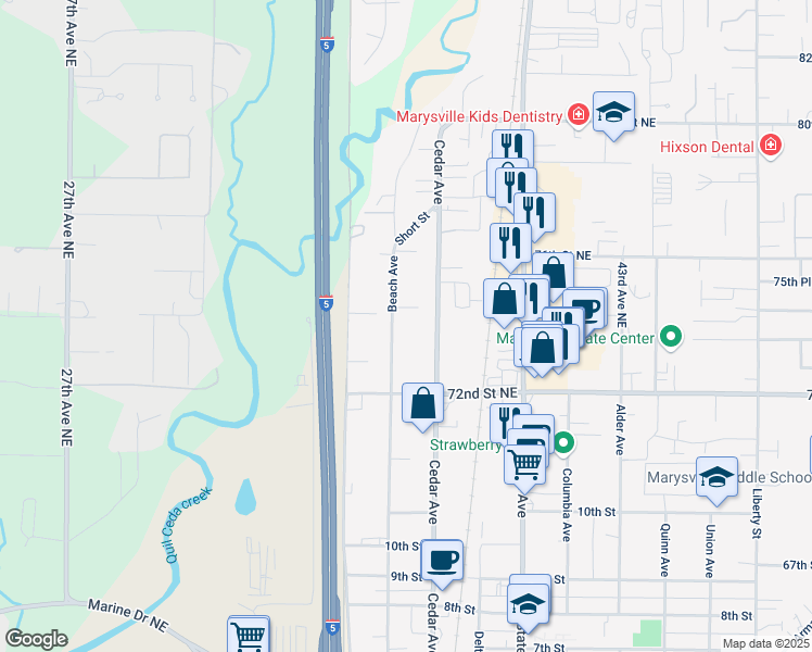 map of restaurants, bars, coffee shops, grocery stores, and more near 1249 Cedar Avenue in Marysville