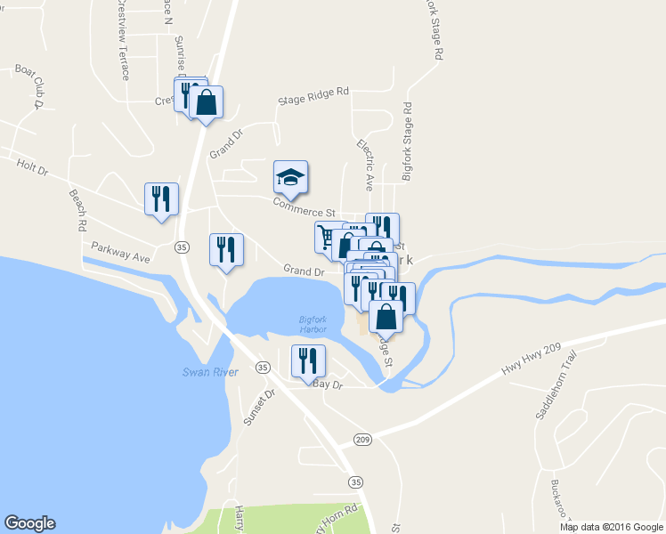 map of restaurants, bars, coffee shops, grocery stores, and more near 425 Grand Drive in Bigfork