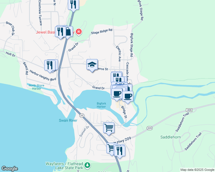 map of restaurants, bars, coffee shops, grocery stores, and more near 425 Grand Drive in Bigfork