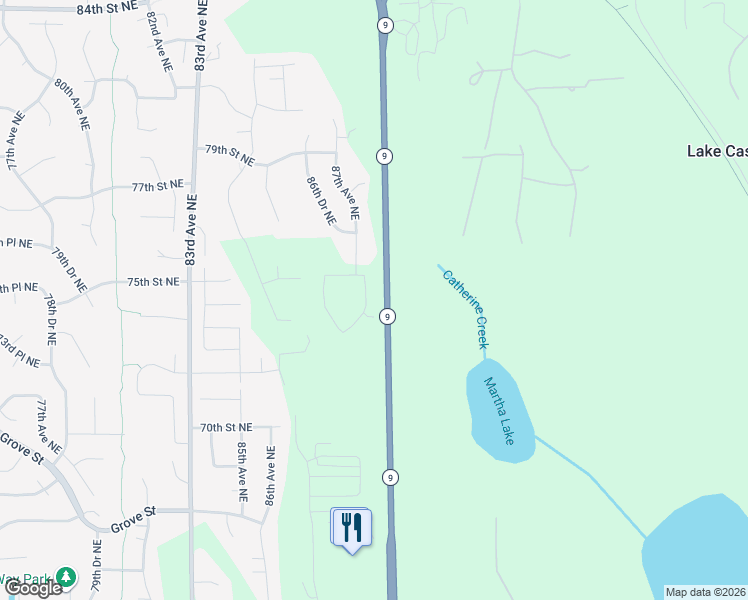map of restaurants, bars, coffee shops, grocery stores, and more near Highway 9 in Lake Stevens