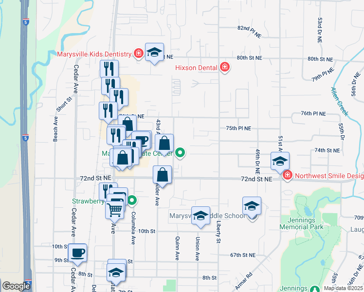map of restaurants, bars, coffee shops, grocery stores, and more near 7321 44th Avenue Northeast in Marysville