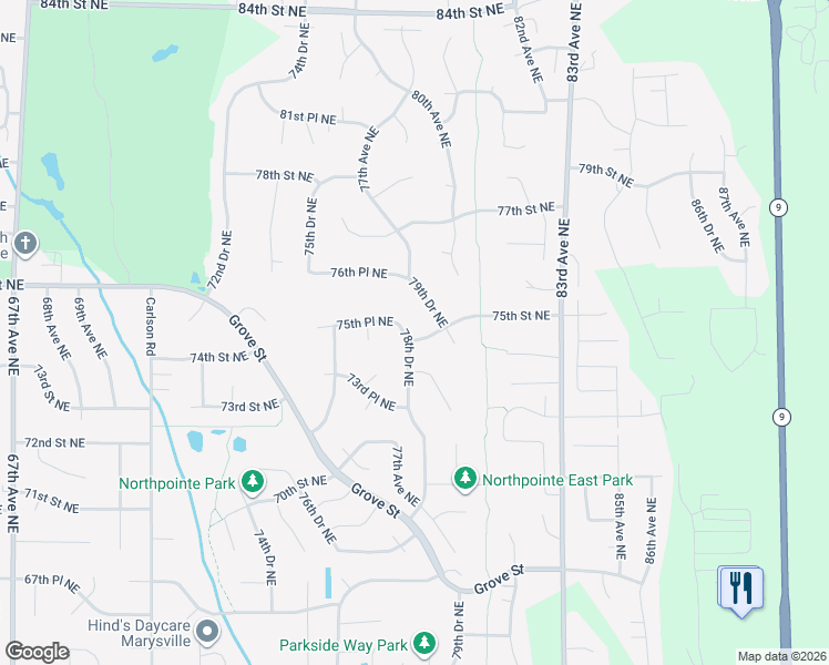 map of restaurants, bars, coffee shops, grocery stores, and more near 7805 75th Street Northeast in Marysville