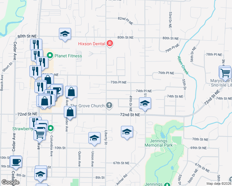 map of restaurants, bars, coffee shops, grocery stores, and more near 4815 73rd Place Northeast in Marysville