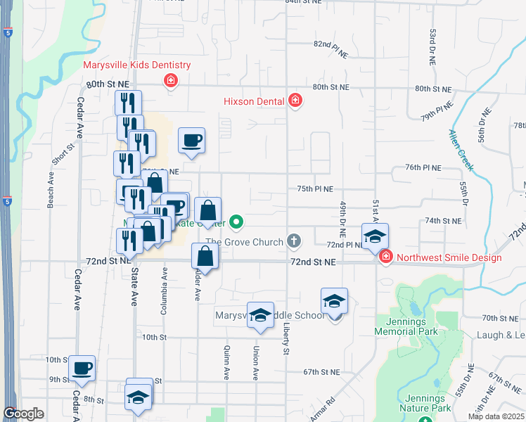 map of restaurants, bars, coffee shops, grocery stores, and more near 7406 47th Avenue Northeast in Marysville