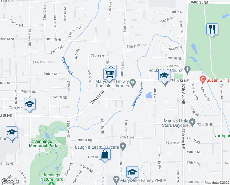 map of restaurants, bars, coffee shops, grocery stores, and more near 7511 59th Drive Northeast in Marysville