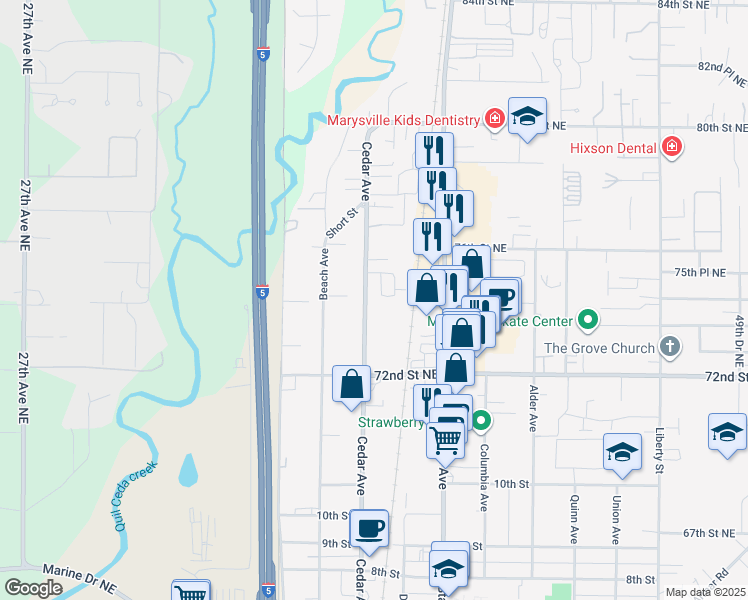 map of restaurants, bars, coffee shops, grocery stores, and more near 1262 Cedar Avenue in Marysville