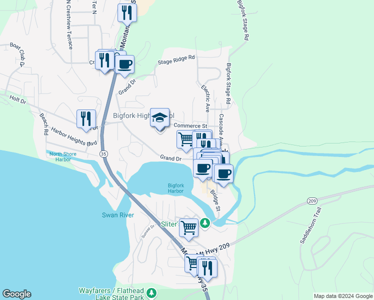 map of restaurants, bars, coffee shops, grocery stores, and more near 415 Grand Drive in Bigfork
