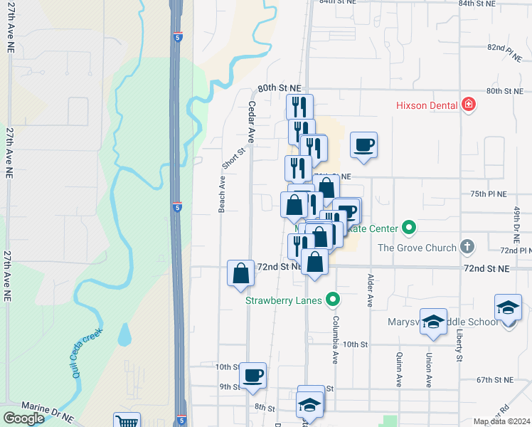 map of restaurants, bars, coffee shops, grocery stores, and more near 1248 Cedar Avenue in Marysville