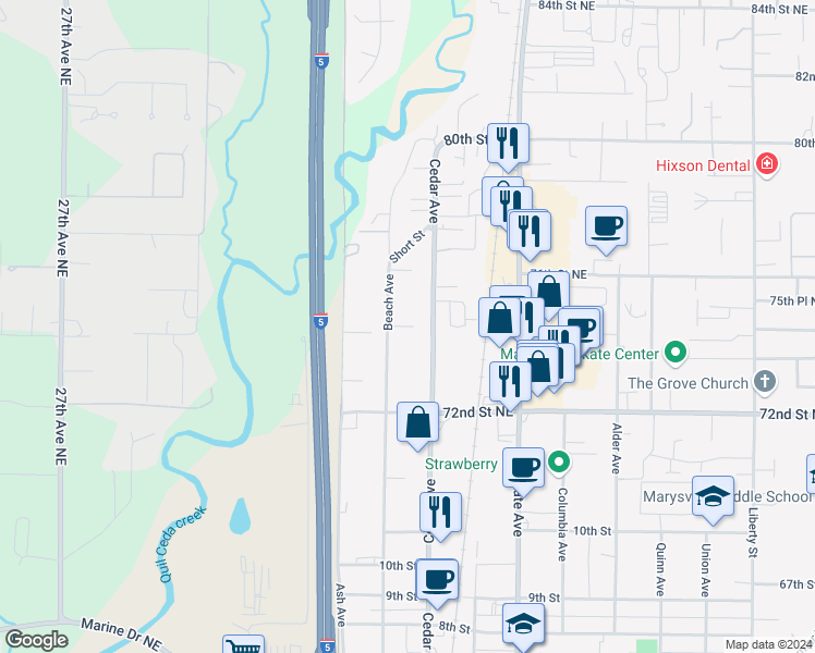 map of restaurants, bars, coffee shops, grocery stores, and more near 1249 Cedar Avenue in Marysville