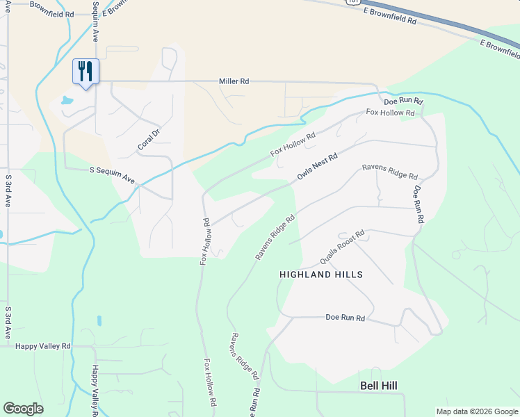 map of restaurants, bars, coffee shops, grocery stores, and more near 423-543 Ravens Ridge Rd in Sequim