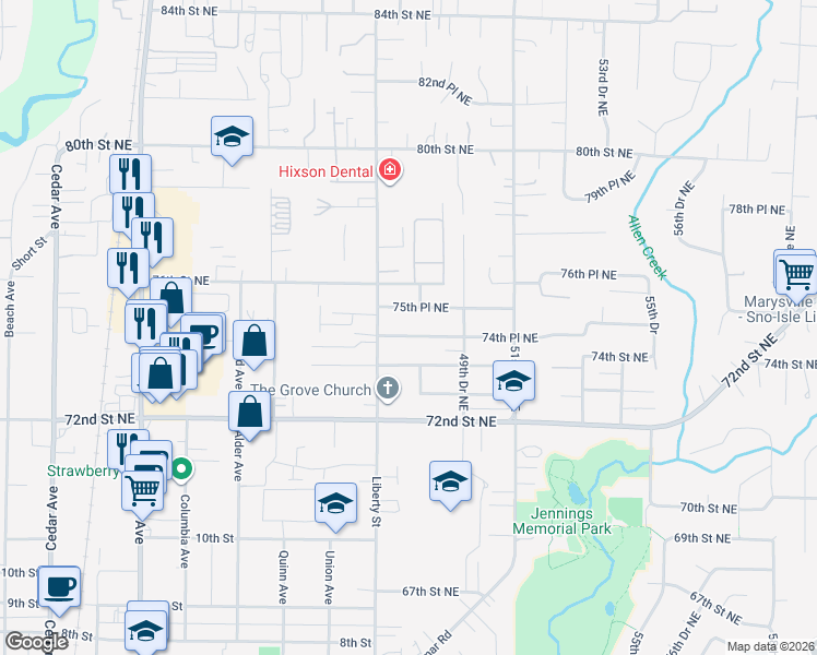 map of restaurants, bars, coffee shops, grocery stores, and more near 4731 74th Place Northeast in Marysville