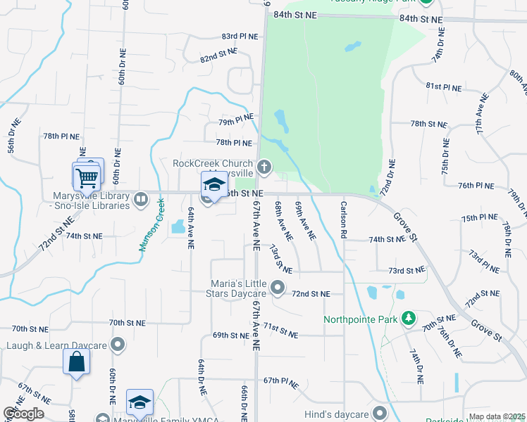 map of restaurants, bars, coffee shops, grocery stores, and more near 7415 67th Avenue Northeast in Marysville