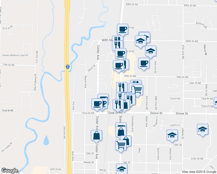 map of restaurants, bars, coffee shops, grocery stores, and more near 1293 State Avenue in Marysville