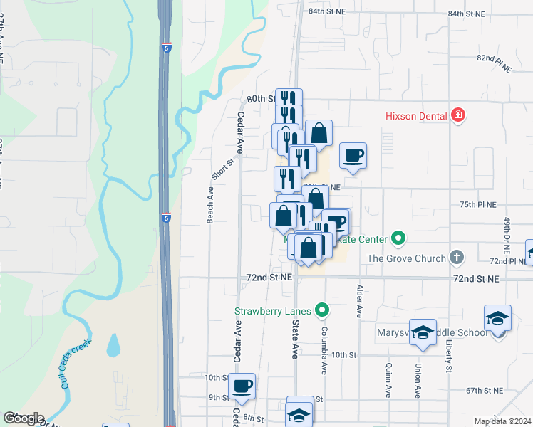 map of restaurants, bars, coffee shops, grocery stores, and more near 1272 Woodgate Avenue in Marysville