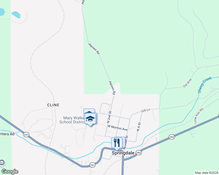 map of restaurants, bars, coffee shops, grocery stores, and more near 4142-4196 Jepsen Road in Springdale