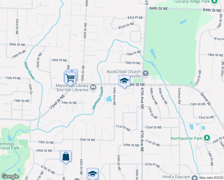 map of restaurants, bars, coffee shops, grocery stores, and more near 7526 64th Avenue Northeast in Marysville