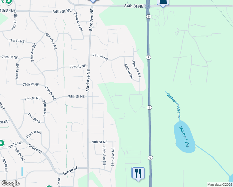 map of restaurants, bars, coffee shops, grocery stores, and more near 7701 86th Avenue North East in Marysville
