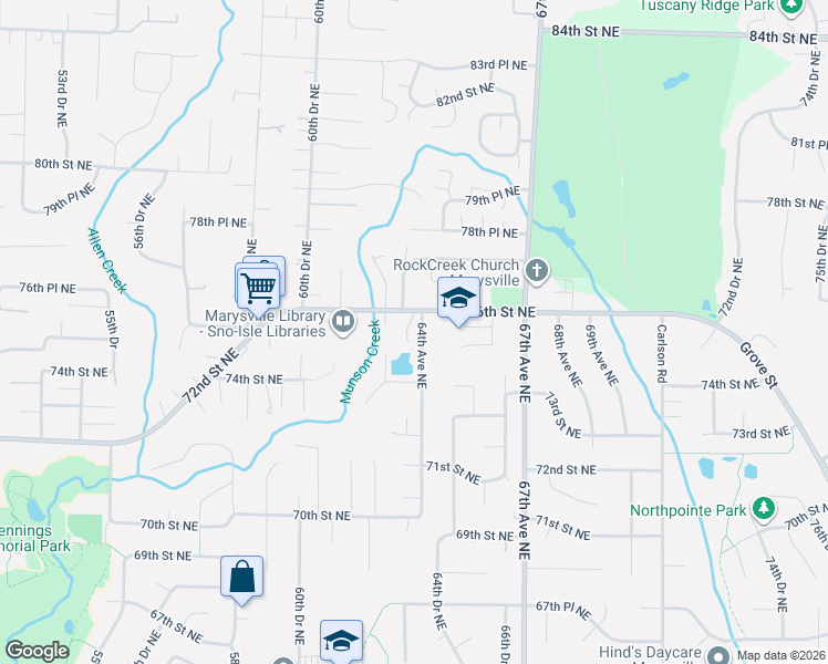 map of restaurants, bars, coffee shops, grocery stores, and more near 7574 64th Avenue Northeast in Marysville