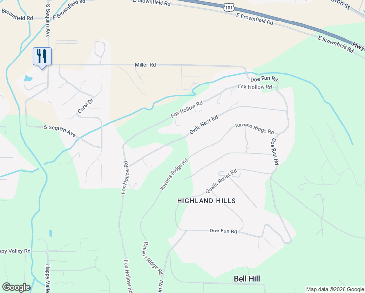 map of restaurants, bars, coffee shops, grocery stores, and more near 423 Owls Nest Road in Sequim
