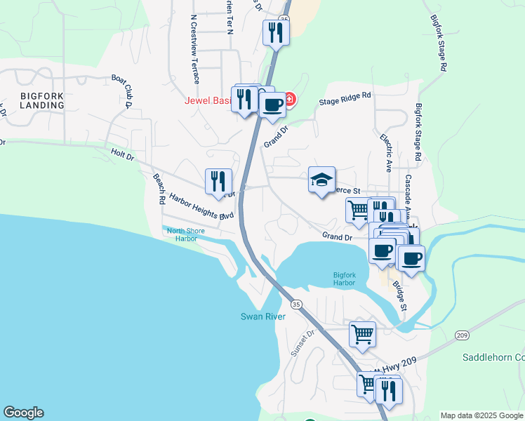 map of restaurants, bars, coffee shops, grocery stores, and more near 123 Vista Lane in Bigfork