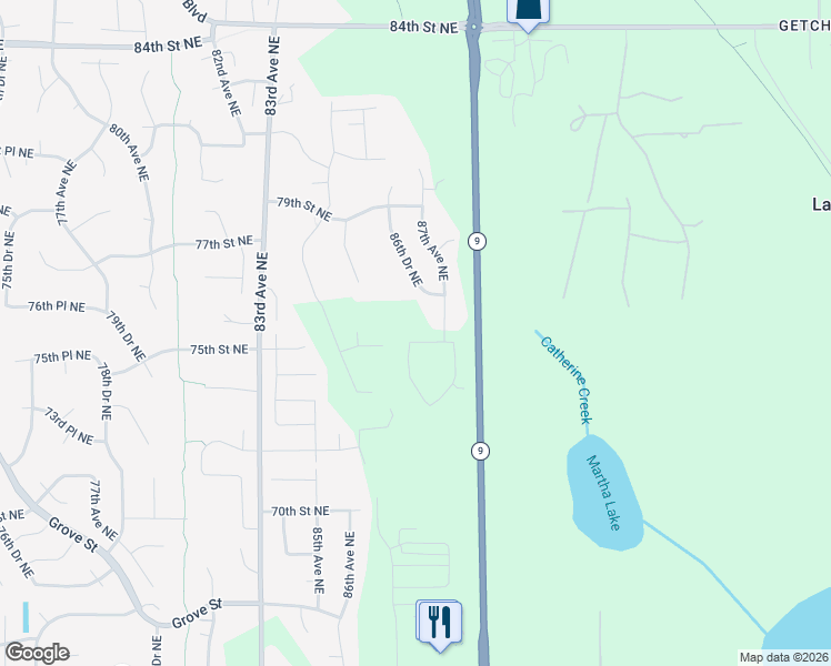 map of restaurants, bars, coffee shops, grocery stores, and more near 8765 75th Place Northeast in Marysville