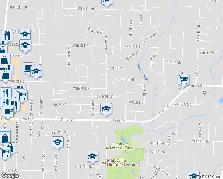 map of restaurants, bars, coffee shops, grocery stores, and more near 7509 51st Avenue Northeast in Marysville