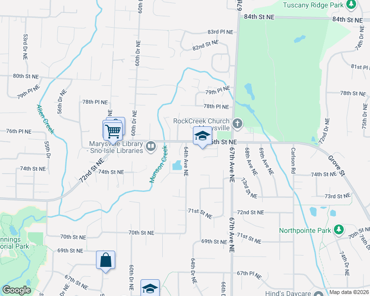 map of restaurants, bars, coffee shops, grocery stores, and more near 7558 64th Avenue Northeast in Marysville