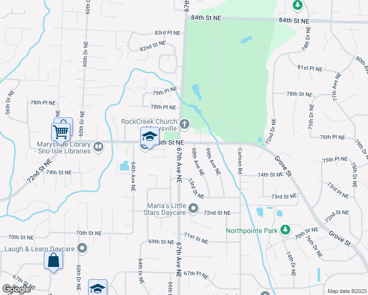 map of restaurants, bars, coffee shops, grocery stores, and more near 7525 67th Avenue Northeast in Marysville