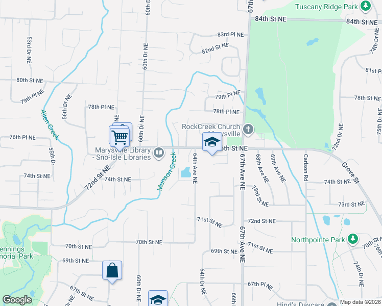 map of restaurants, bars, coffee shops, grocery stores, and more near 7558 64th Avenue Northeast in Marysville