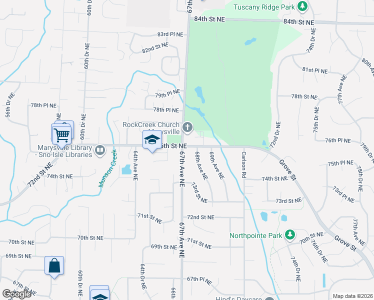 map of restaurants, bars, coffee shops, grocery stores, and more near 6715 76th Street Northeast in Marysville