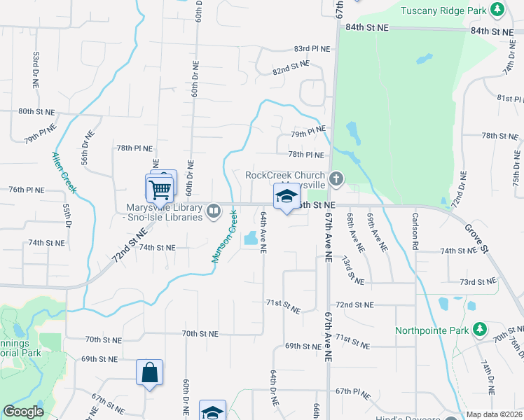 map of restaurants, bars, coffee shops, grocery stores, and more near 7582 64th Avenue Northeast in Marysville