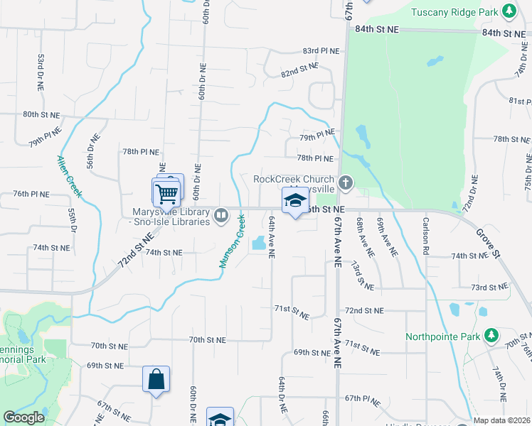 map of restaurants, bars, coffee shops, grocery stores, and more near 7574 64th Avenue Northeast in Marysville