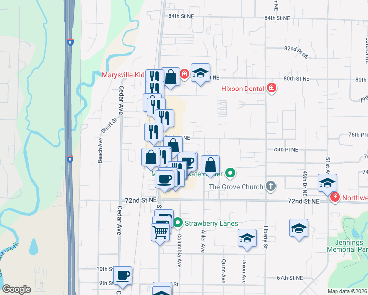 map of restaurants, bars, coffee shops, grocery stores, and more near 4000 76th Street Northeast in Marysville