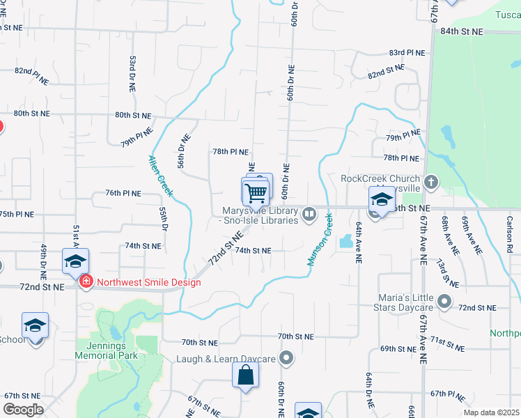 map of restaurants, bars, coffee shops, grocery stores, and more near 5935 Grove Street in Marysville