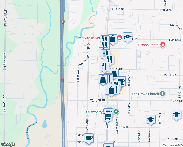 map of restaurants, bars, coffee shops, grocery stores, and more near 1315 Wildwood Street in Marysville