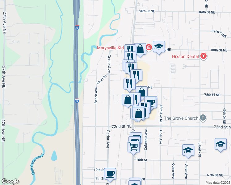 map of restaurants, bars, coffee shops, grocery stores, and more near 1315 Wildwood Street in Marysville