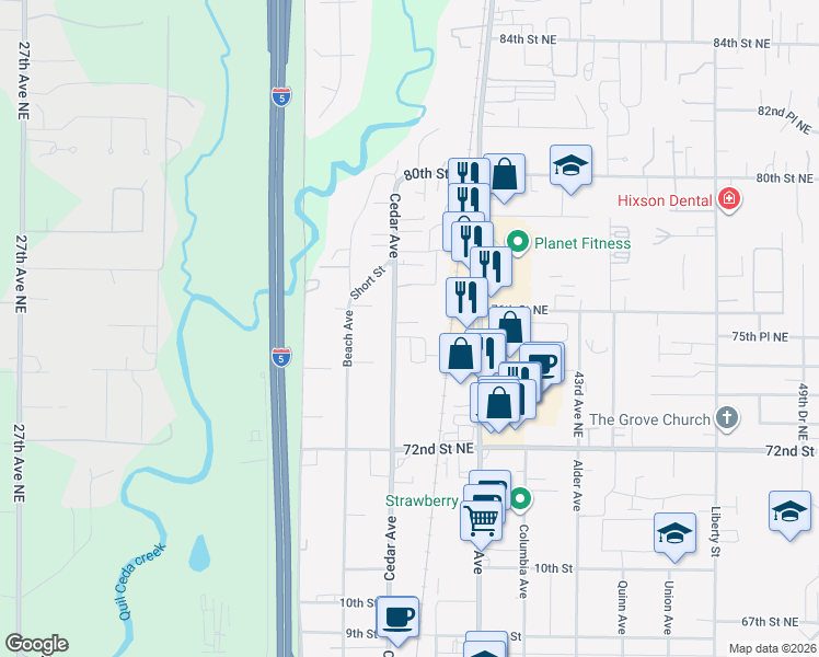 map of restaurants, bars, coffee shops, grocery stores, and more near 1309 Wildwood Street in Marysville