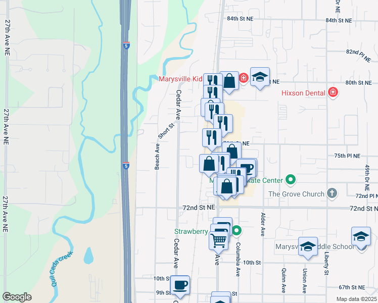 map of restaurants, bars, coffee shops, grocery stores, and more near 1315 Wildwood Street in Marysville
