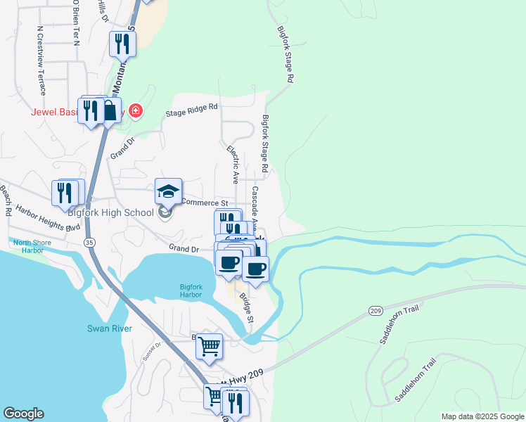 map of restaurants, bars, coffee shops, grocery stores, and more near 739 Cascade Avenue in Bigfork