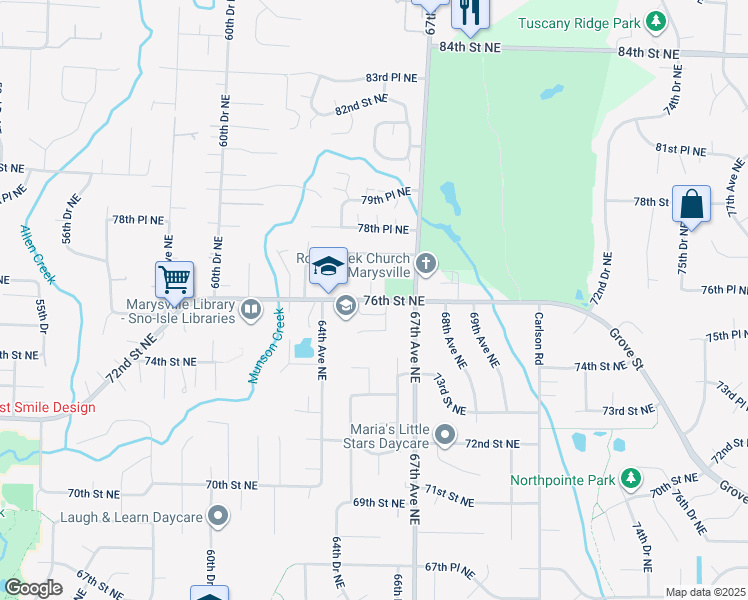 map of restaurants, bars, coffee shops, grocery stores, and more near 6501 Grove Street in Marysville