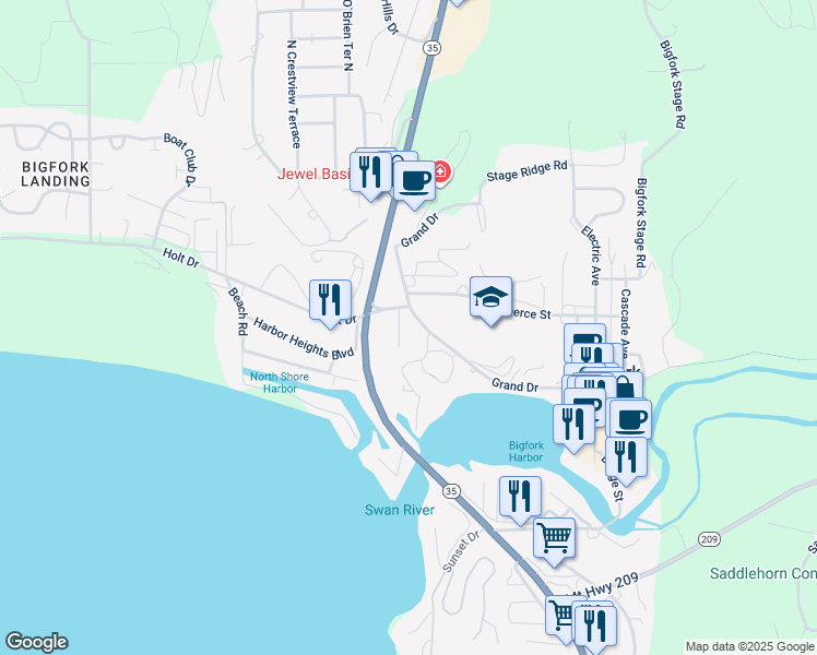 map of restaurants, bars, coffee shops, grocery stores, and more near 123 Vista Lane in Bigfork